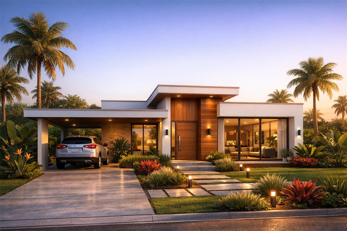 Render 3D de fachada: casa moderna de una planta con cochera y jardín tropical al atardecer
