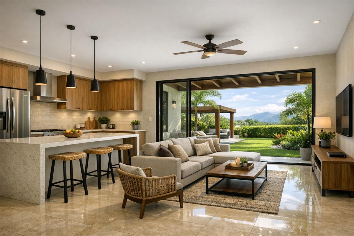 Render 3D de interior: sala y cocina abiertas con isla y puerta corrediza a la terraza