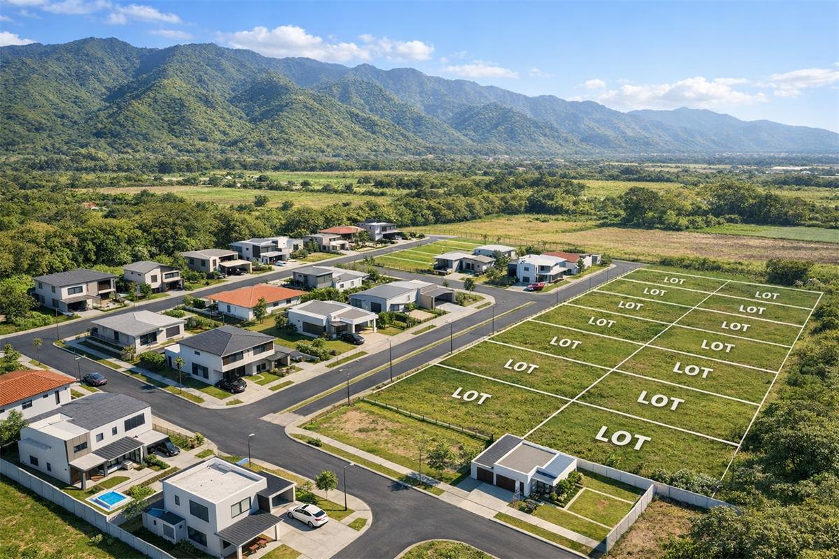 Render 3D aéreo de una lotificación nueva en el valle de Sula, con casas y lotes disponibles