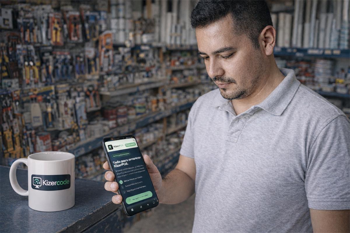 Ferretería en Honduras buscando un producto en KizerPOS desde una tablet