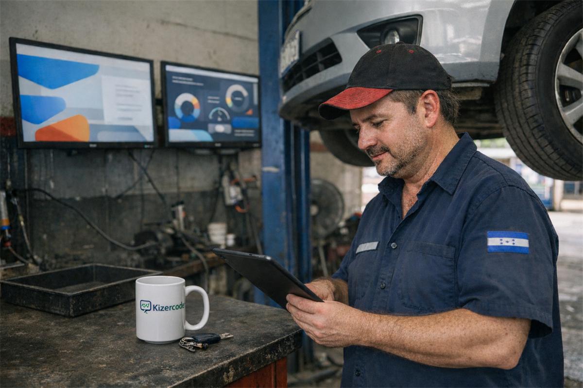Taller mecánico en Honduras revisando una orden de trabajo en su sistema desde una tablet