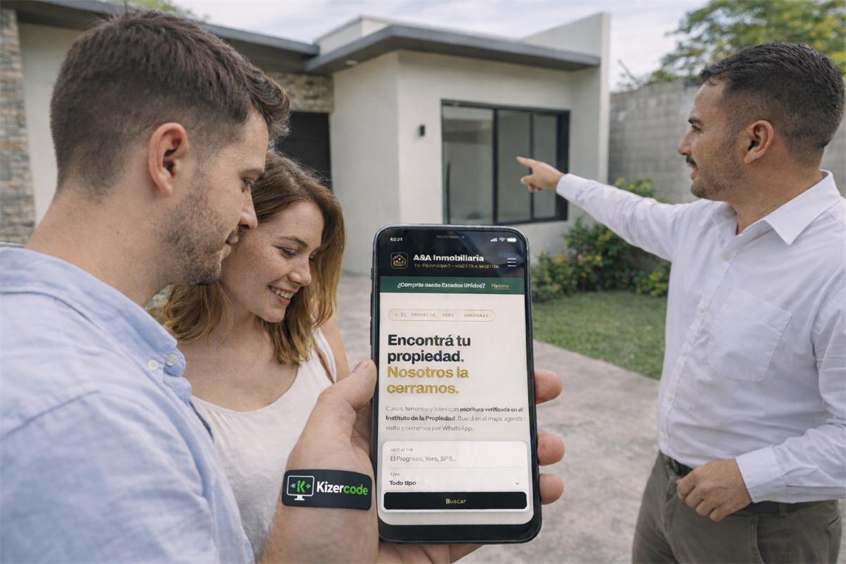 El Portal Inmobiliario abierto en una tablet, con el mapa de casas en venta, en una inmobiliaria de Honduras