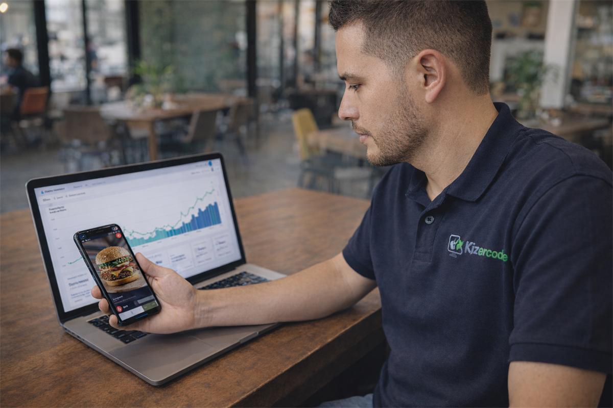 Especialista de Kizercode revisa los resultados de una campaña de anuncios en Google y Facebook