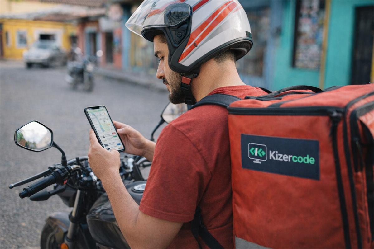 Repartidor en moto revisa la ruta de entrega en una app móvil, en una calle de Honduras