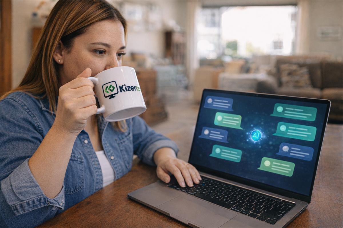 Dueña de una mueblería toma café mientras un agente de IA responde a sus clientes por WhatsApp en la laptop