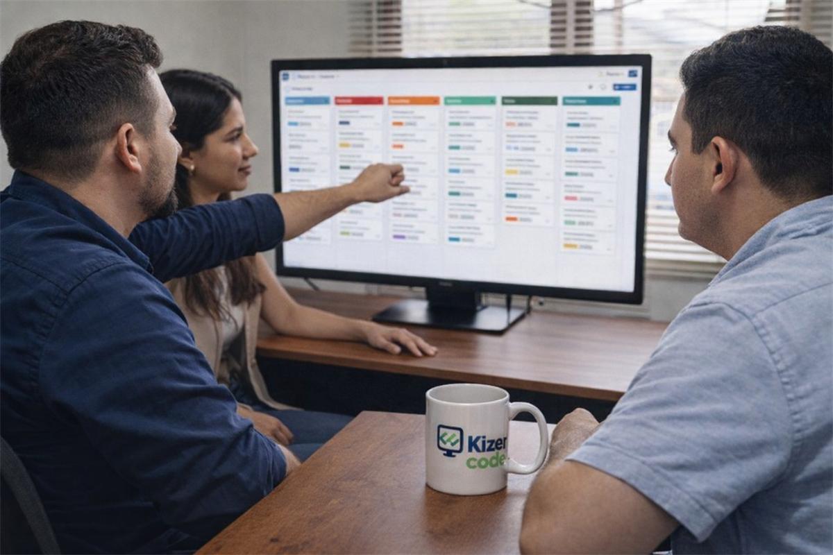 Equipo de ventas revisa el embudo de clientes en un CRM a la medida en el monitor de la oficina