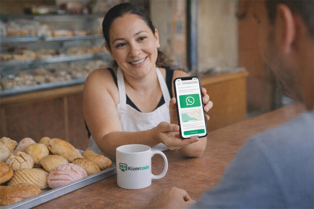 Dueña de una panadería en Honduras muestra a un cliente su nueva página web en el celular, con botón de WhatsApp y mapa