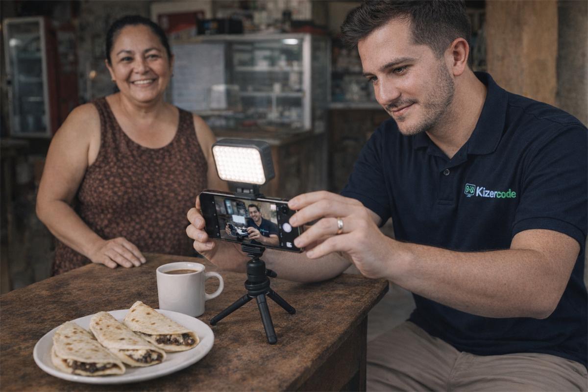 Sesión de fotos con el celular para las redes sociales de una cafetería en Honduras