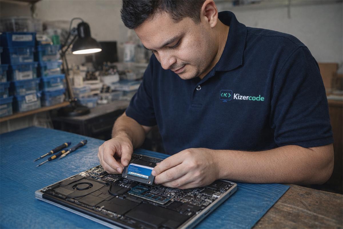 Técnico de Kizercode instala un disco SSD en una laptop en el taller de El Progreso, Yoro