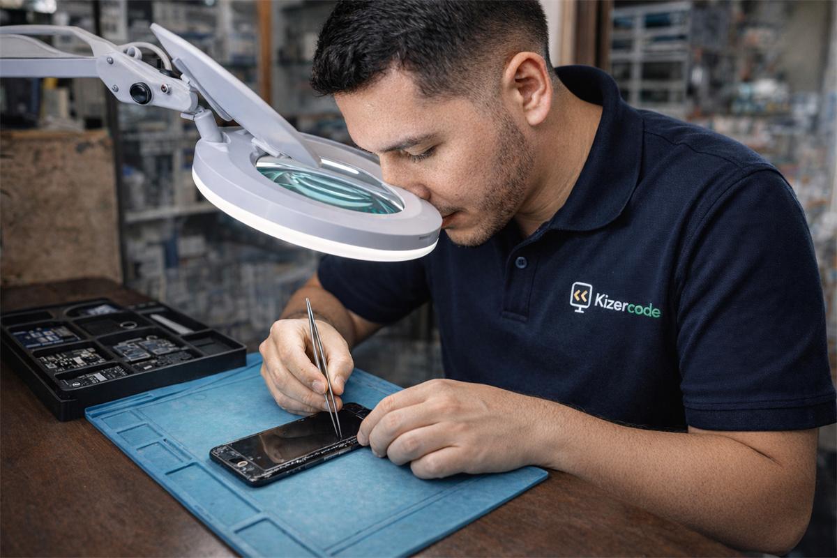 Técnico de Kizercode cambia la pantalla de un celular bajo la lupa en el taller de El Progreso
