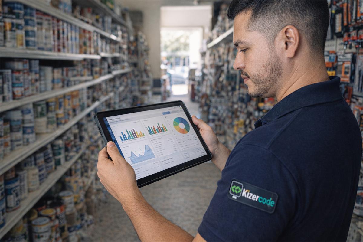 Encargado de una ferretería revisa el inventario en una tablet con el sistema a la medida de Kizercode